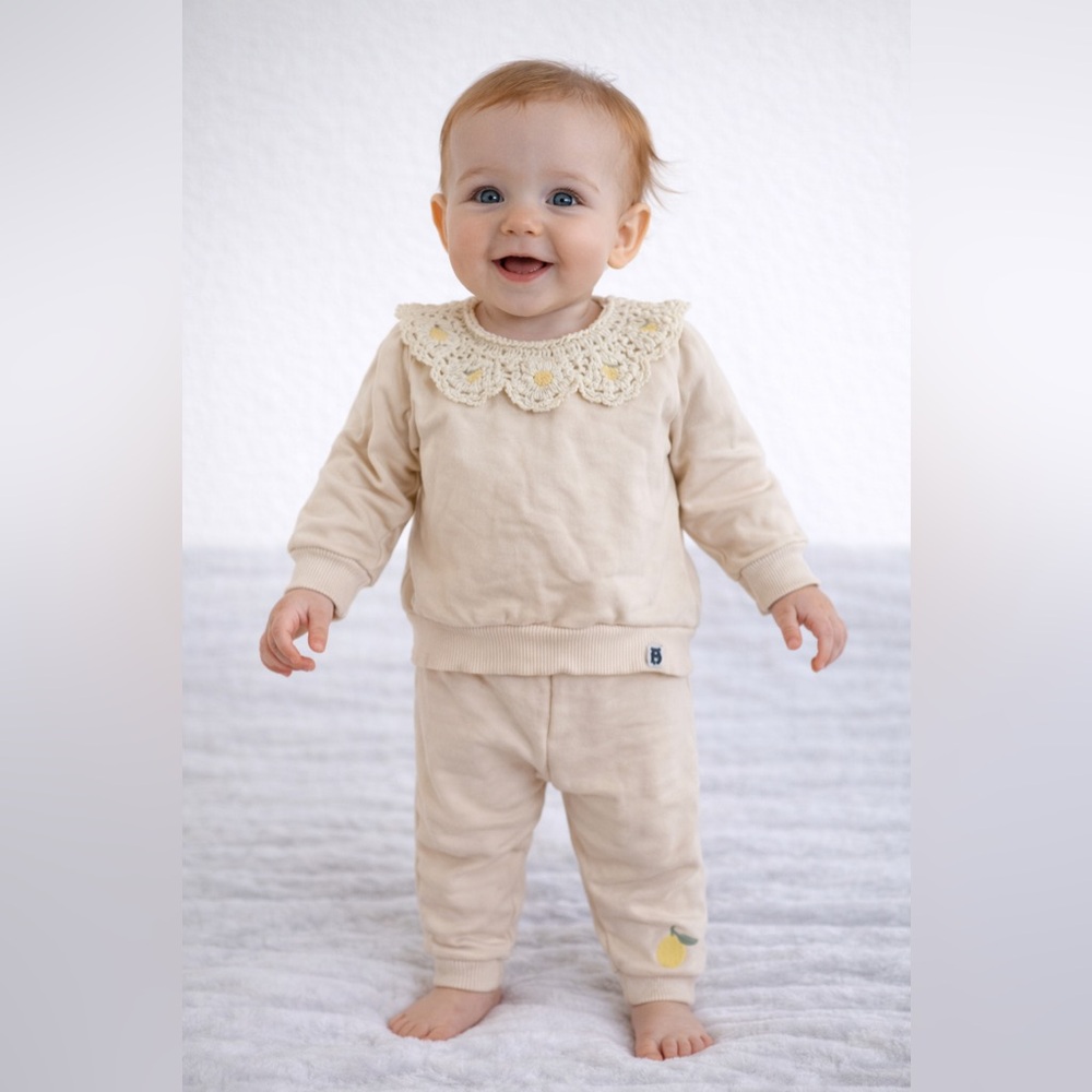 Baby Girl Lemon Crochet Collar Sweatshirt & Jogger Set Yellow Outfit | Size 3-6M